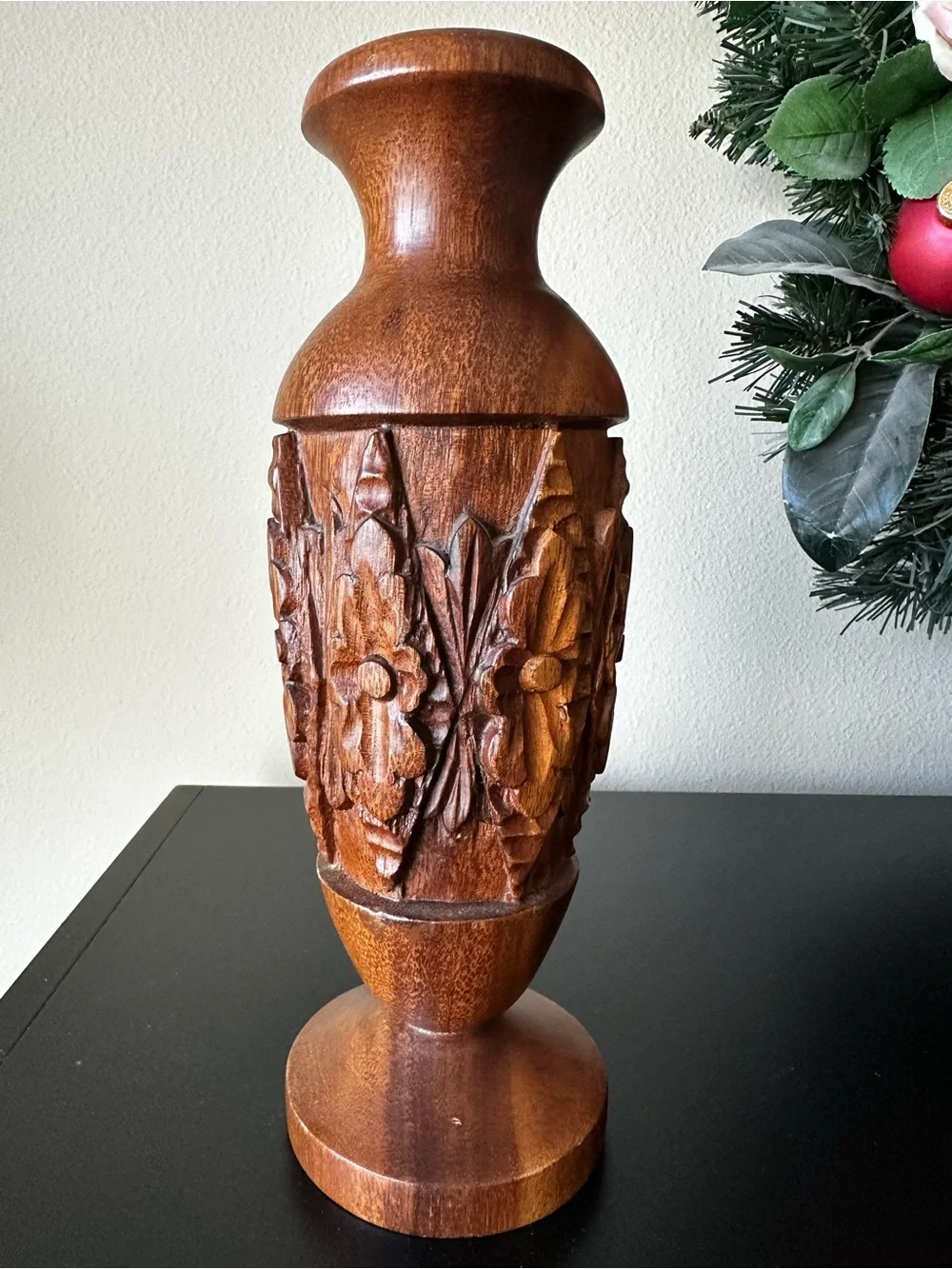 Carved Wood Floral Decorative Vase 10” Brown Natural Grain Rustic Boho Decor